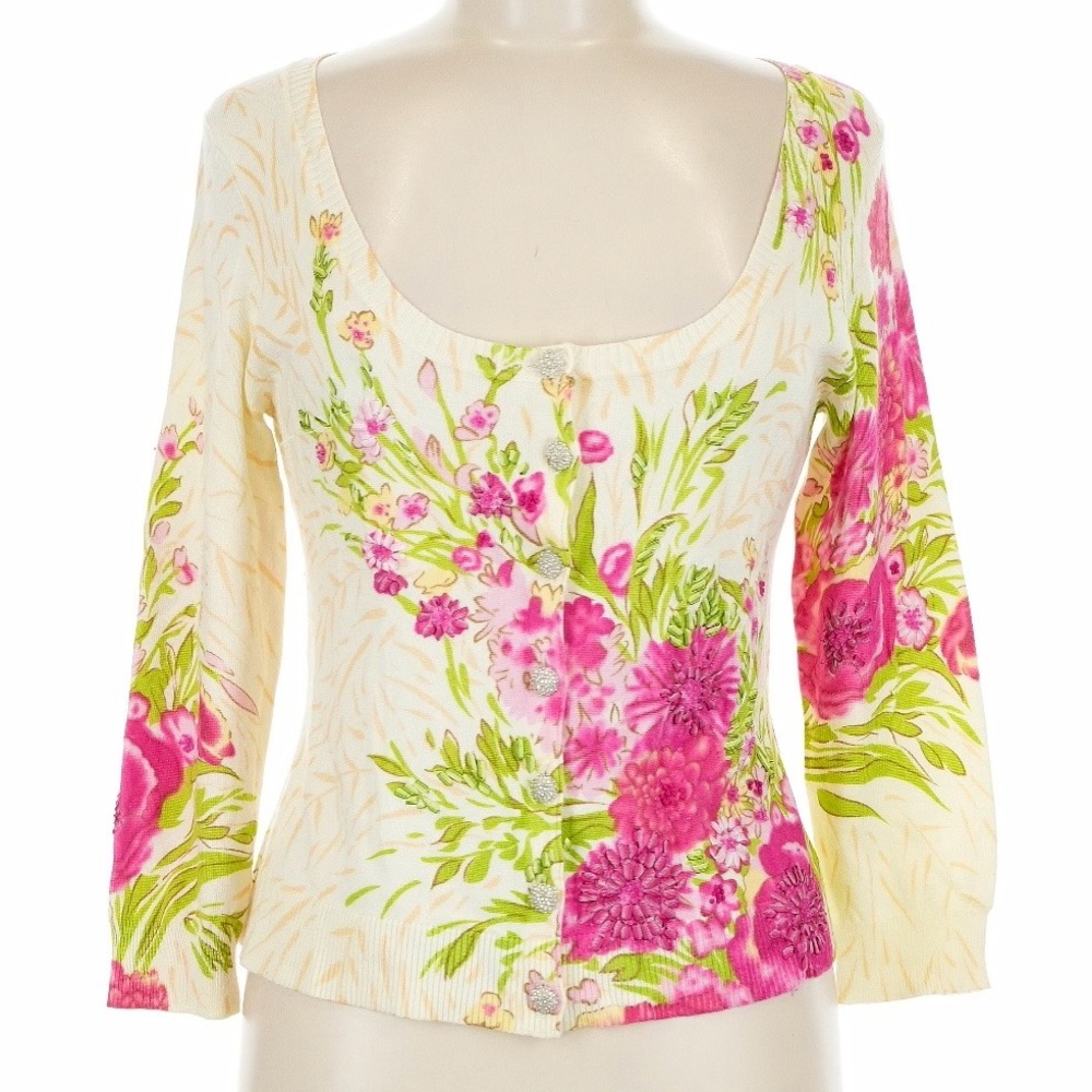 Anthropologie HWR Beaded Embroidered Floral Cardigan Boho Cottagecore Size M